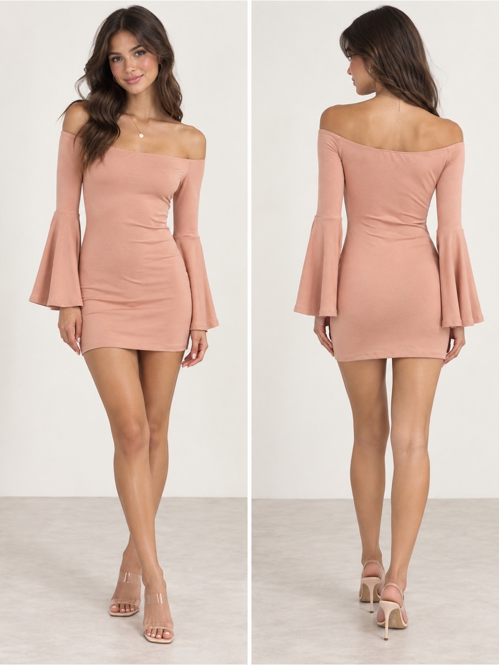 Off-Shoulder Bell Sleeve Bodycon Dress - -House of Harlow 1960 -Blush XS